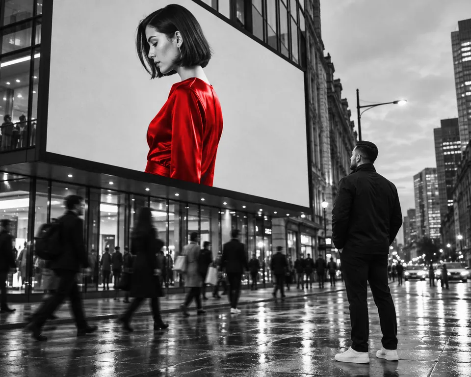 A man looks at a red campaign image on a large city display at dusk.