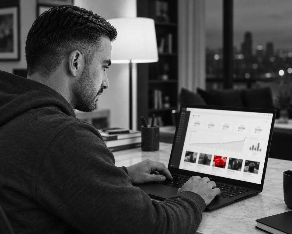 A man reviews a campaign dashboard on a laptop at an evening desk.