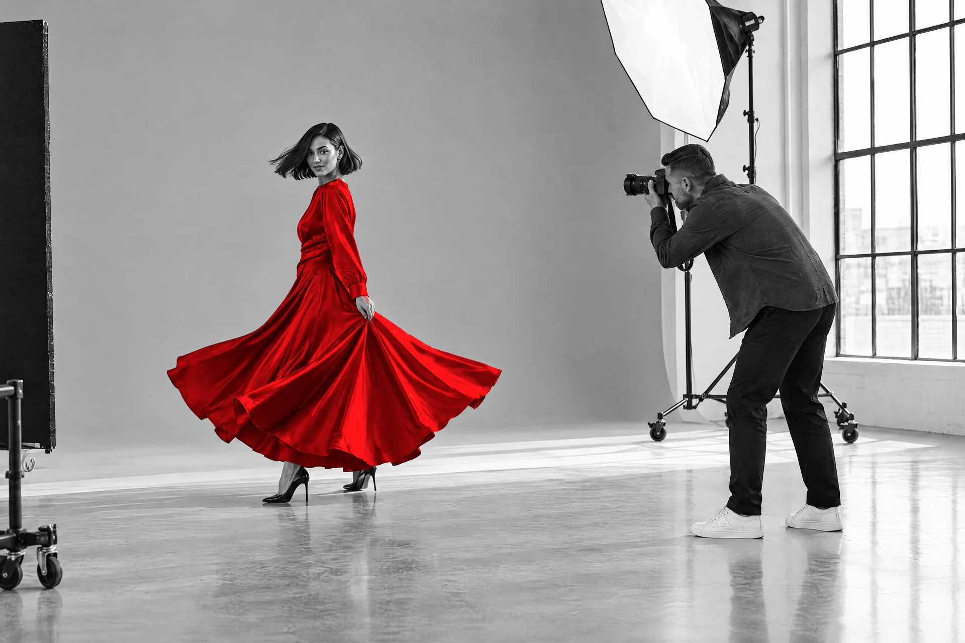 A photographer captures a woman mid-turn in a red satin dress, the skirt swinging, in a bright studio.
