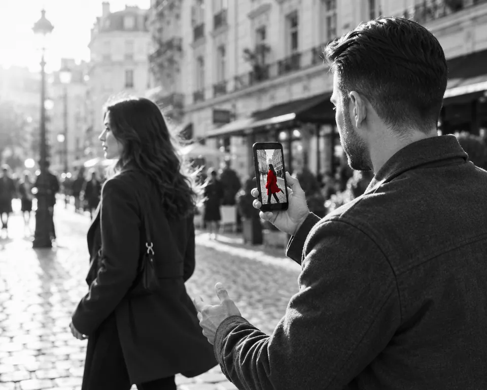 A man films a woman on a city street with a portrait-oriented phone.